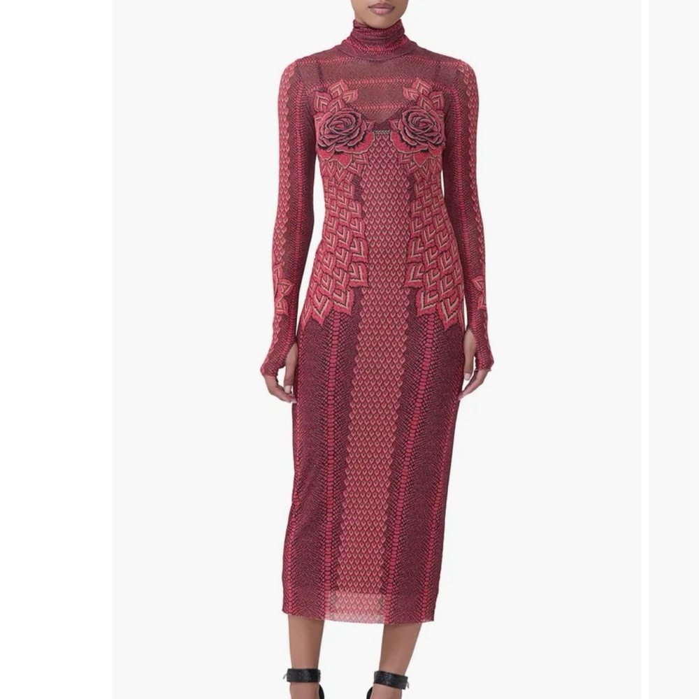 AFRM Red Shailene Printed Mesh Turtleneck Long Sleeve Midi Dress